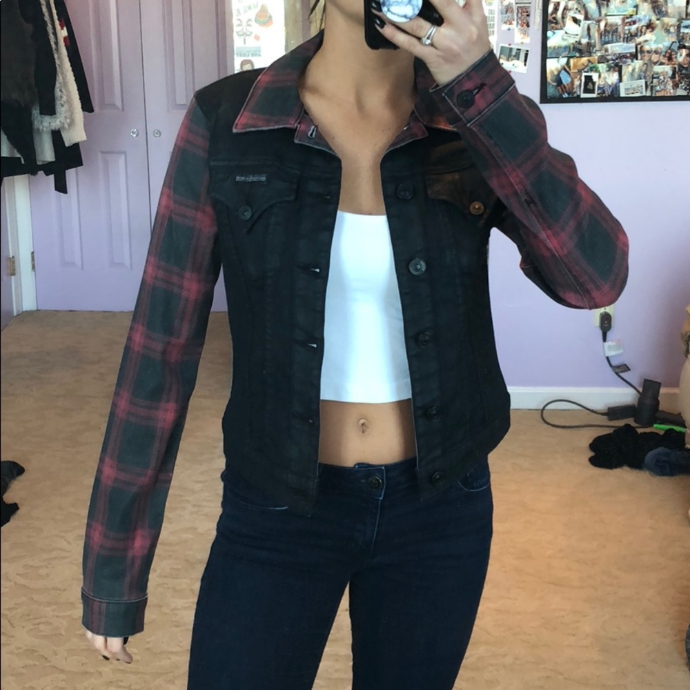 Black red plaid jean jacket